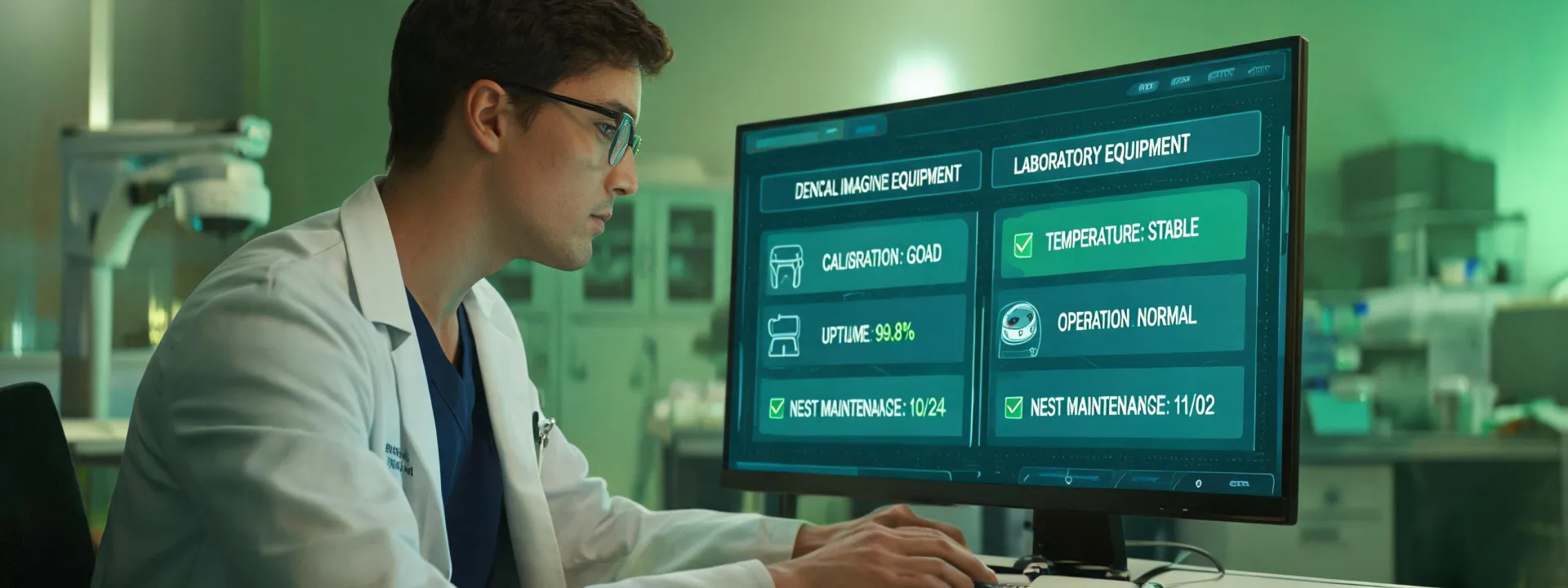 Field engineer reviewing connected medical device diagnostics